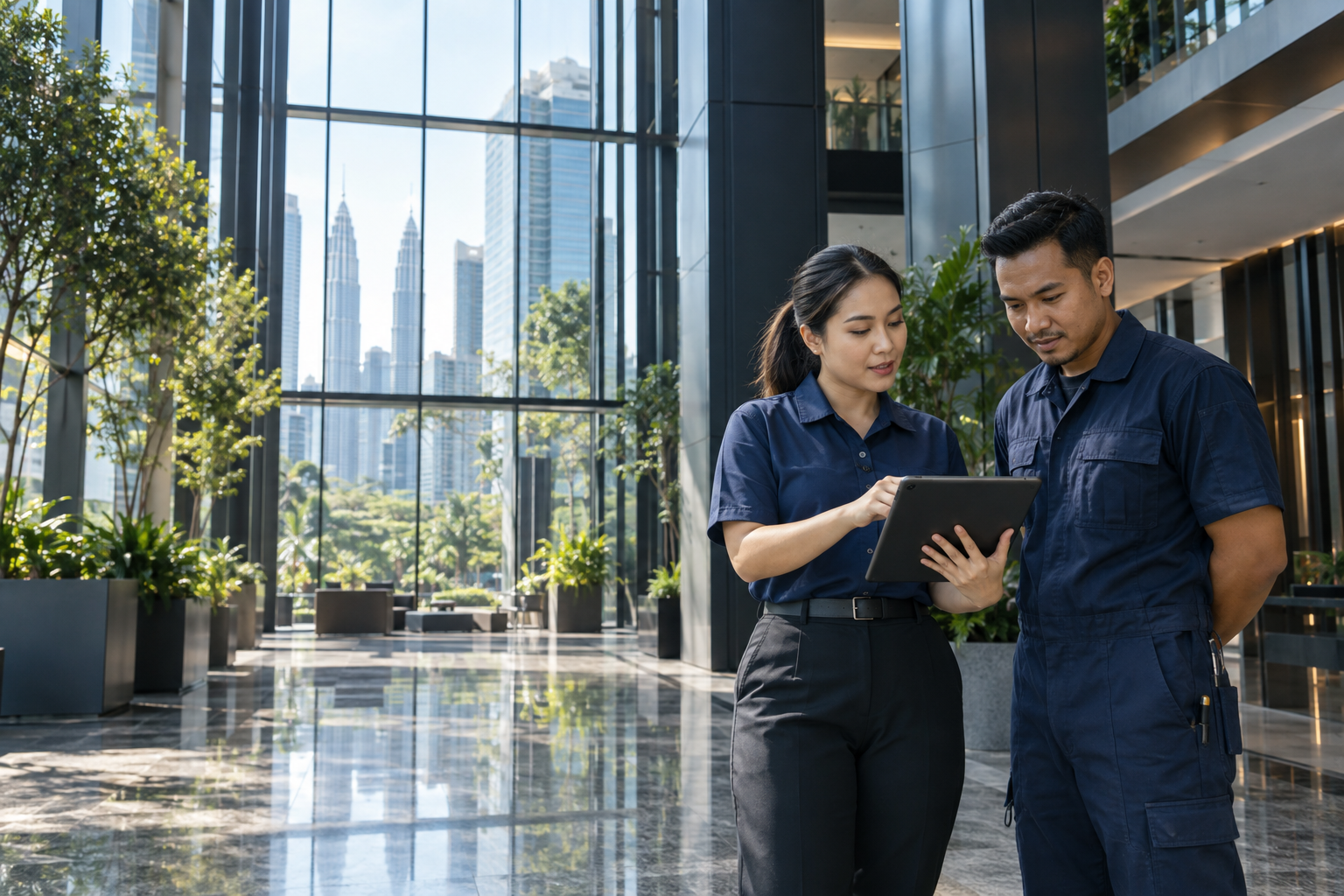 Illustrative image of facilities professionals reviewing work in a modern property