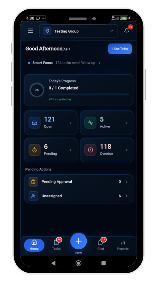 Werqflow mobile home screen with work status and pending actions
